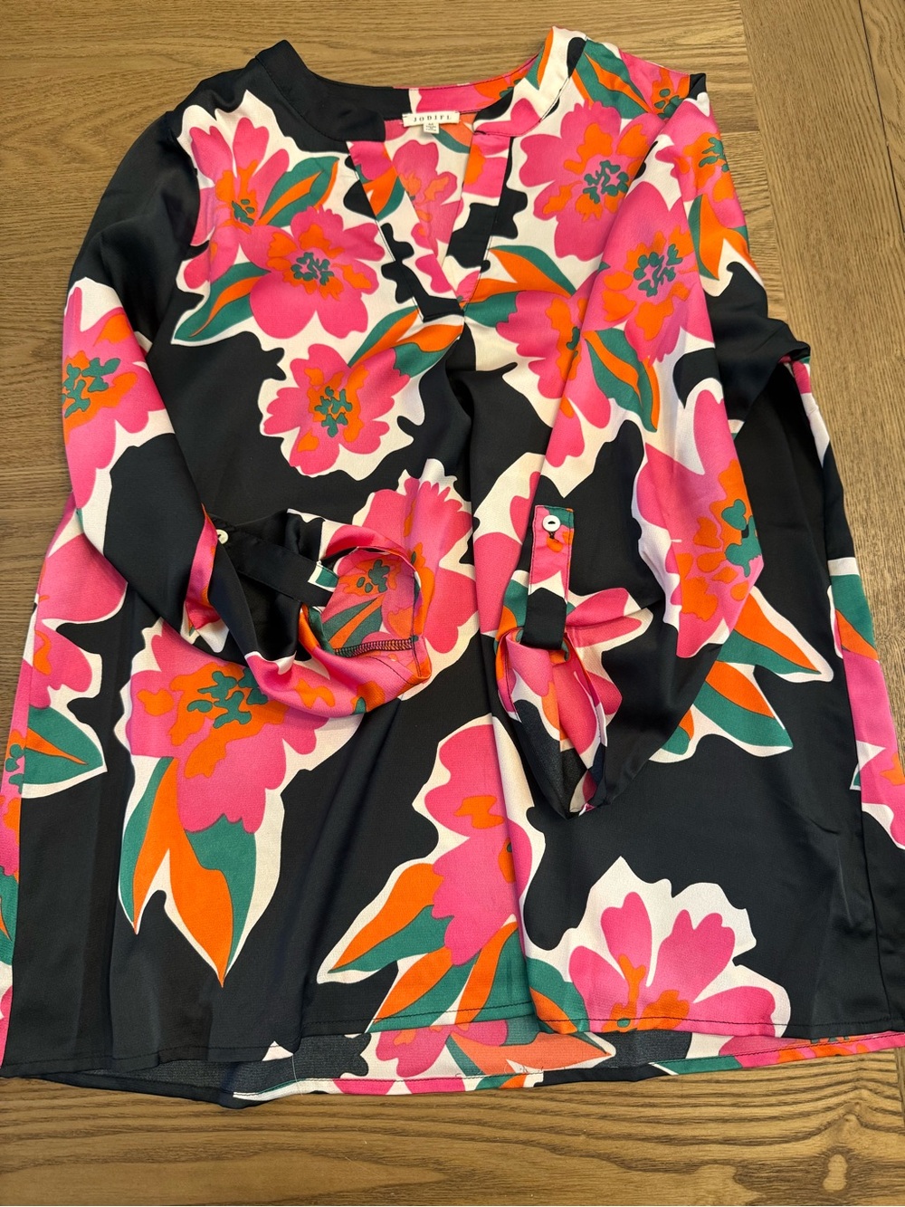 JODIFL Black Floral Blouse with Pink, Green & Orange Accents